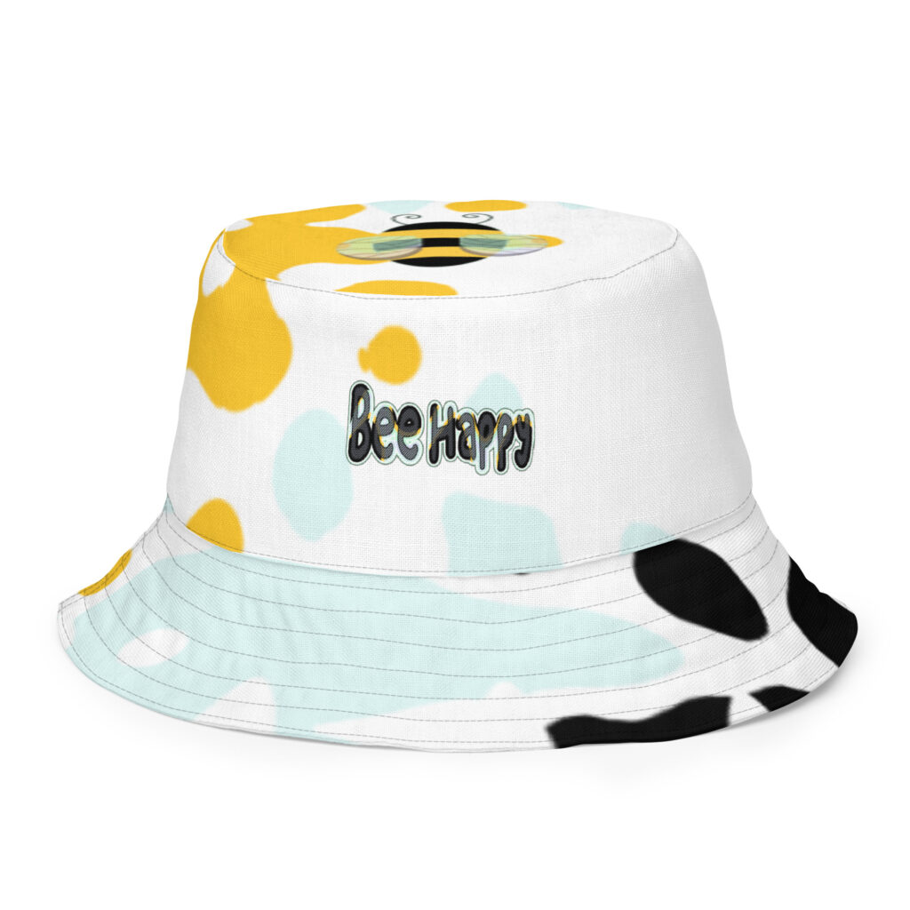 Bee Happy Bucket Hat Bubble Font